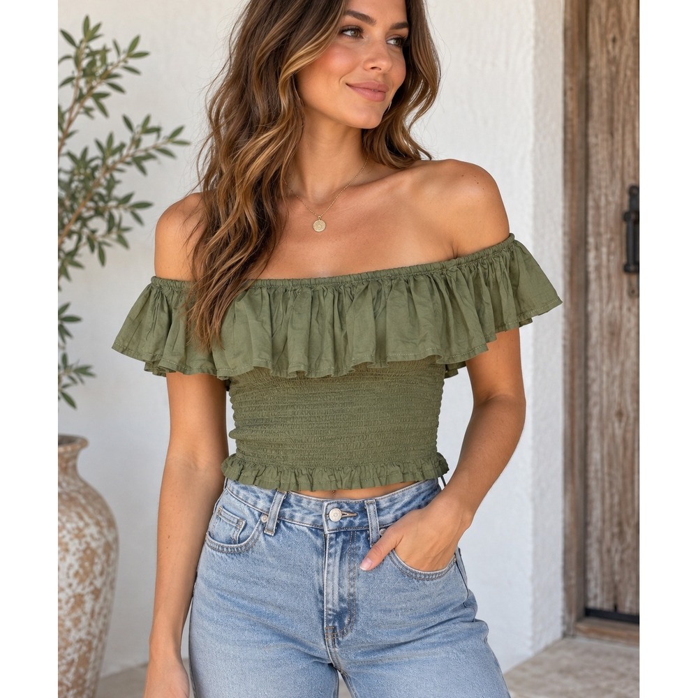 Scoop Olive Green Smocked Off Shoulder Ruffle Crop Top Small